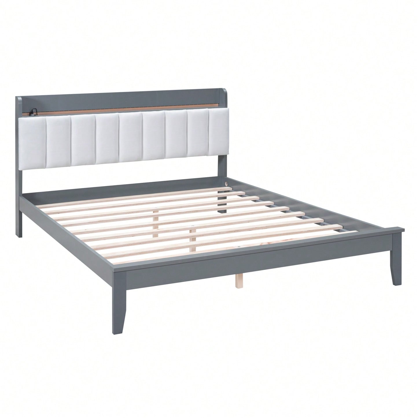 Queen Size Platform Bed With USB Charging Station And Storage Upholstered Headboard,LED Bed Frame