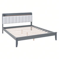 Queen Size Platform Bed With USB Charging Station And Storage Upholstered Headboard,LED Bed Frame