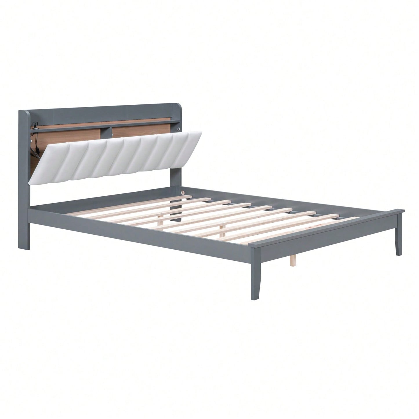 Queen Size Platform Bed With USB Charging Station And Storage Upholstered Headboard,LED Bed Frame