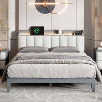 Queen Size Platform Bed With USB Charging Station And Storage Upholstered Headboard,LED Bed Frame