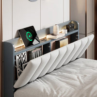 Queen Size Platform Bed With USB Charging Station And Storage Upholstered Headboard,LED Bed Frame