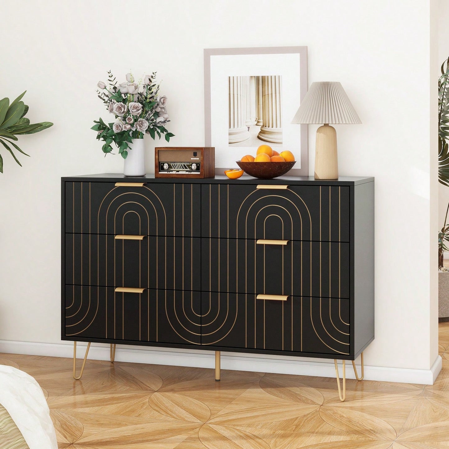 Elegant 6 Drawer Dresser with Metal Handles and Anti-Tipping Device for Bedroom Living Room Hallway Scratch-Resistant Waterproof Finish