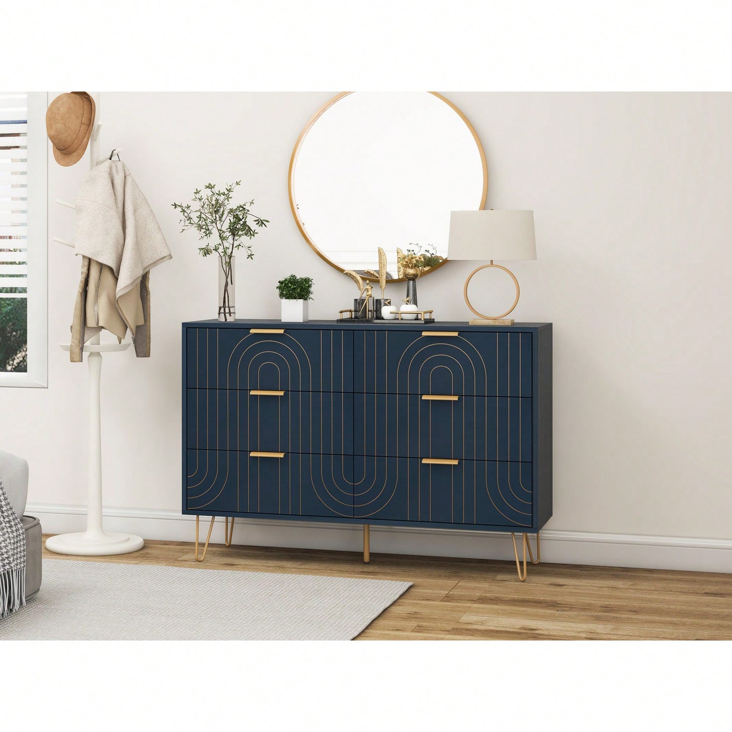 Elegant 6 Drawer Dresser with Metal Handles and Anti-Tipping Device for Bedroom Living Room Hallway Scratch-Resistant Waterproof Finish