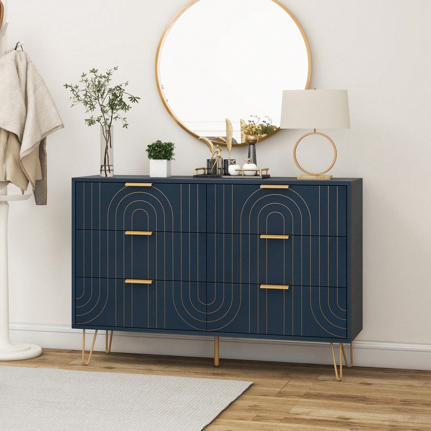 Elegant 6 Drawer Dresser with Metal Handles and Anti-Tipping Device for Bedroom Living Room Hallway Scratch-Resistant Waterproof Finish