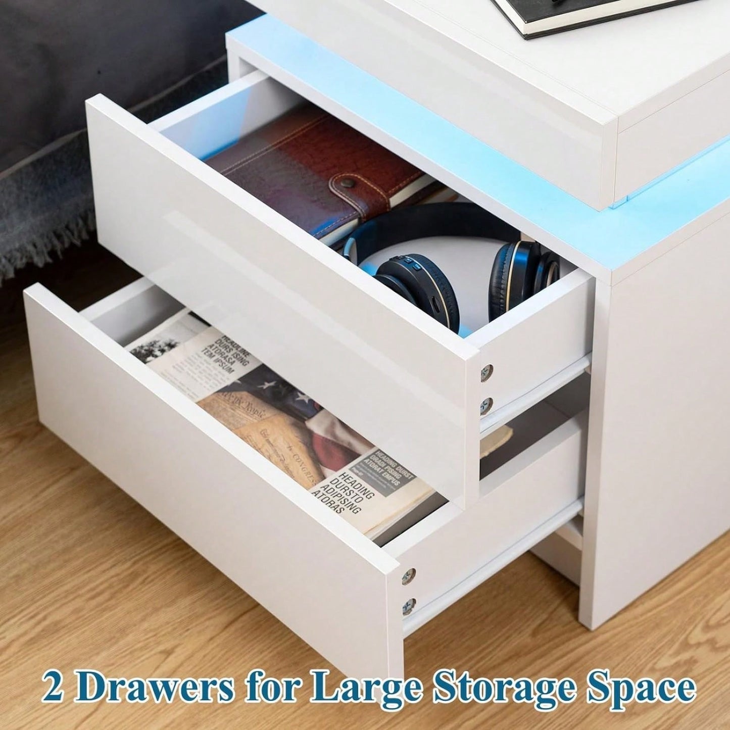 Modern Nightstand With 2 Storage Drawers And RGB LED Lights, Stylish End Table For Bedroom, Living Room, Or Home Office Furniture