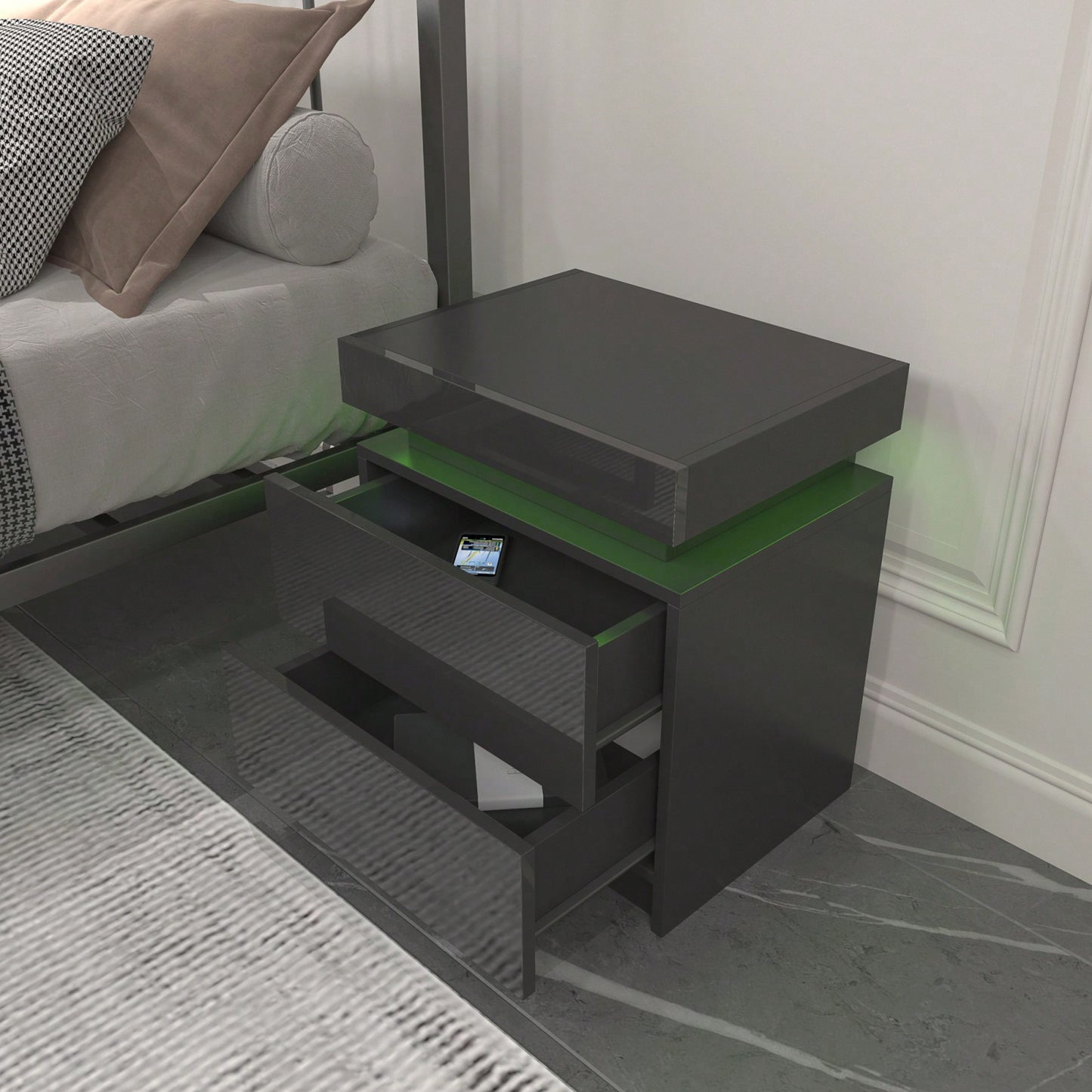 Modern Nightstand With 2 Storage Drawers And RGB LED Lights, Stylish End Table For Bedroom, Living Room, Or Home Office Furniture