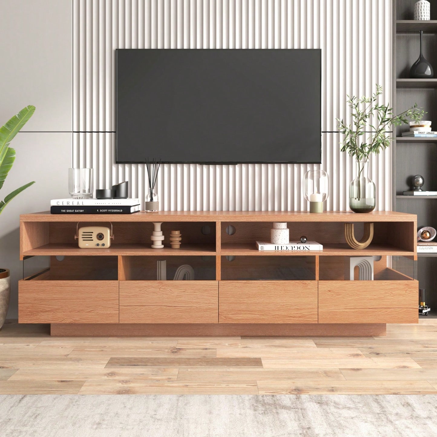 Media Console With 4 Drawers& 2 Open Cabinets, Entertainment Center For TVs Up To 75''