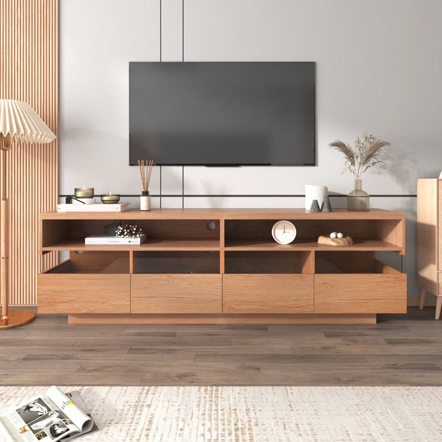 Media Console With 4 Drawers& 2 Open Cabinets, Entertainment Center For TVs Up To 75''