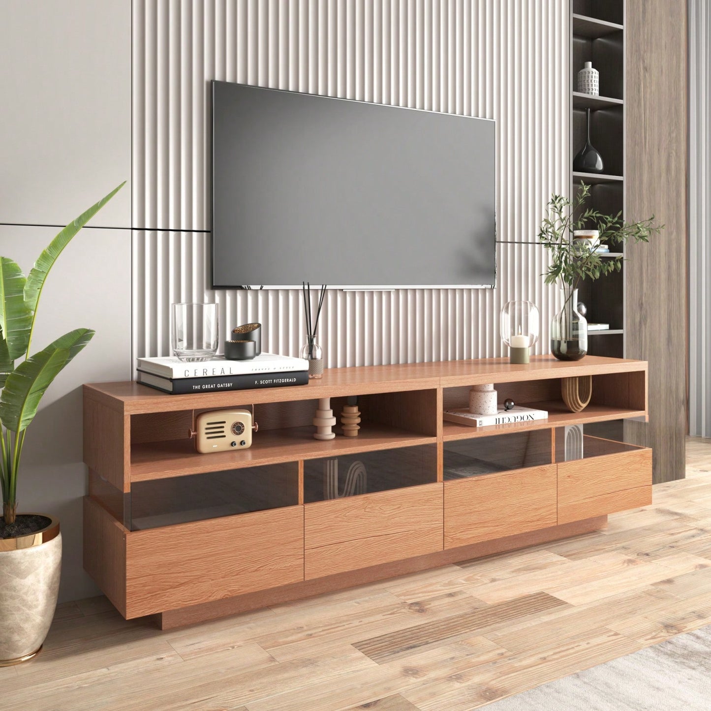 Media Console With 4 Drawers& 2 Open Cabinets, Entertainment Center For TVs Up To 75''