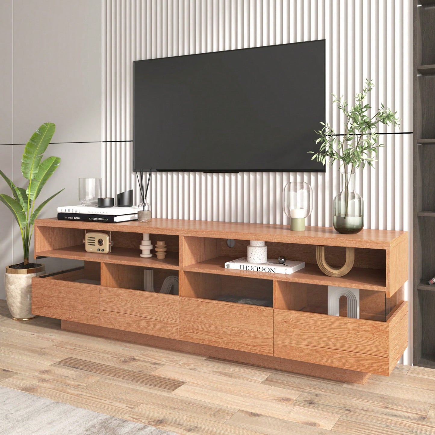 Media Console With 4 Drawers& 2 Open Cabinets, Entertainment Center For TVs Up To 75''