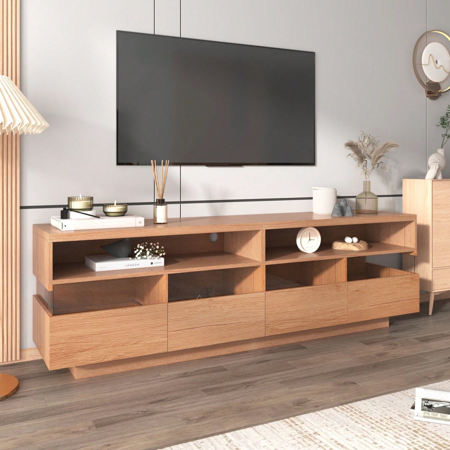 Media Console With 4 Drawers& 2 Open Cabinets, Entertainment Center For TVs Up To 75''