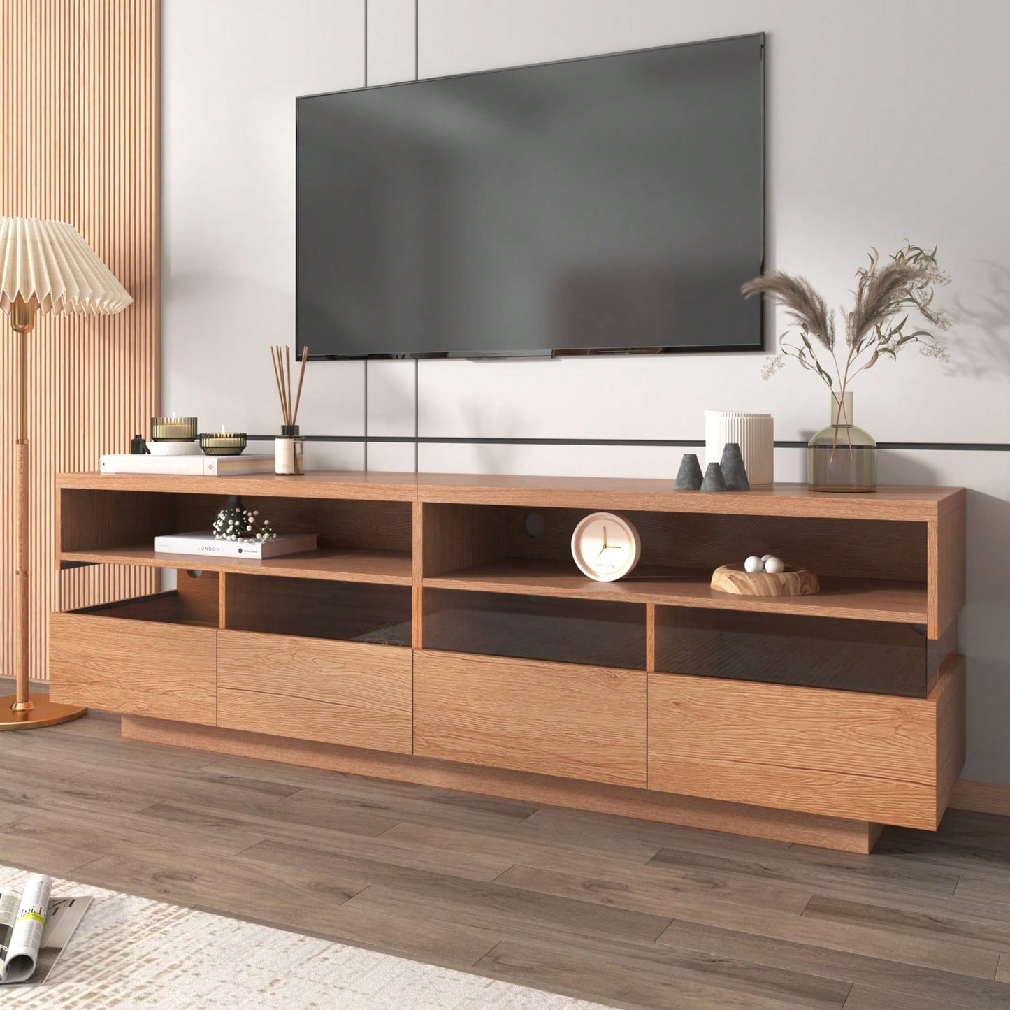 Media Console With 4 Drawers& 2 Open Cabinets, Entertainment Center For TVs Up To 75''