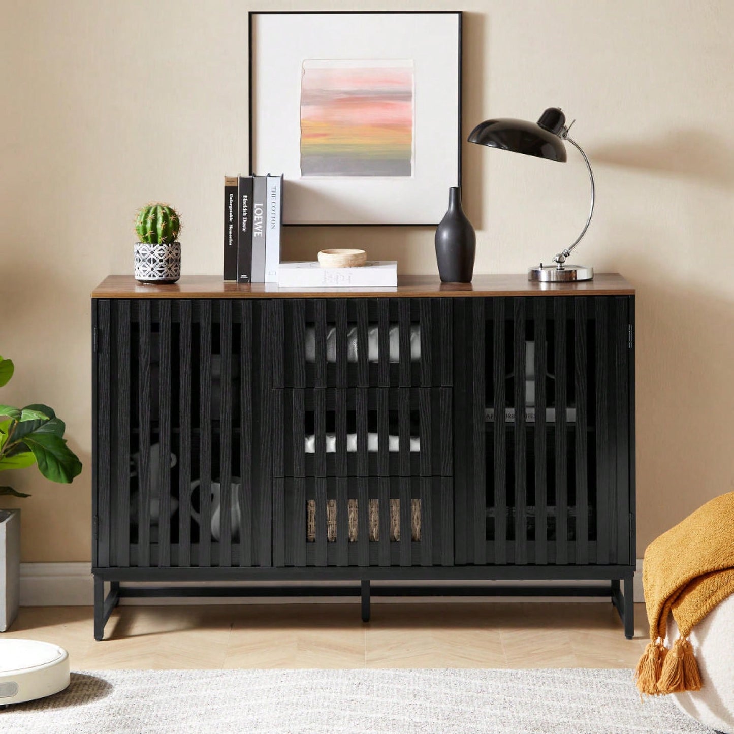 Modern 3 Drawer 4 Shelf Dresser with Slatted Doors Stylish MDF Storage Cabinet for Bedroom Living Room Office