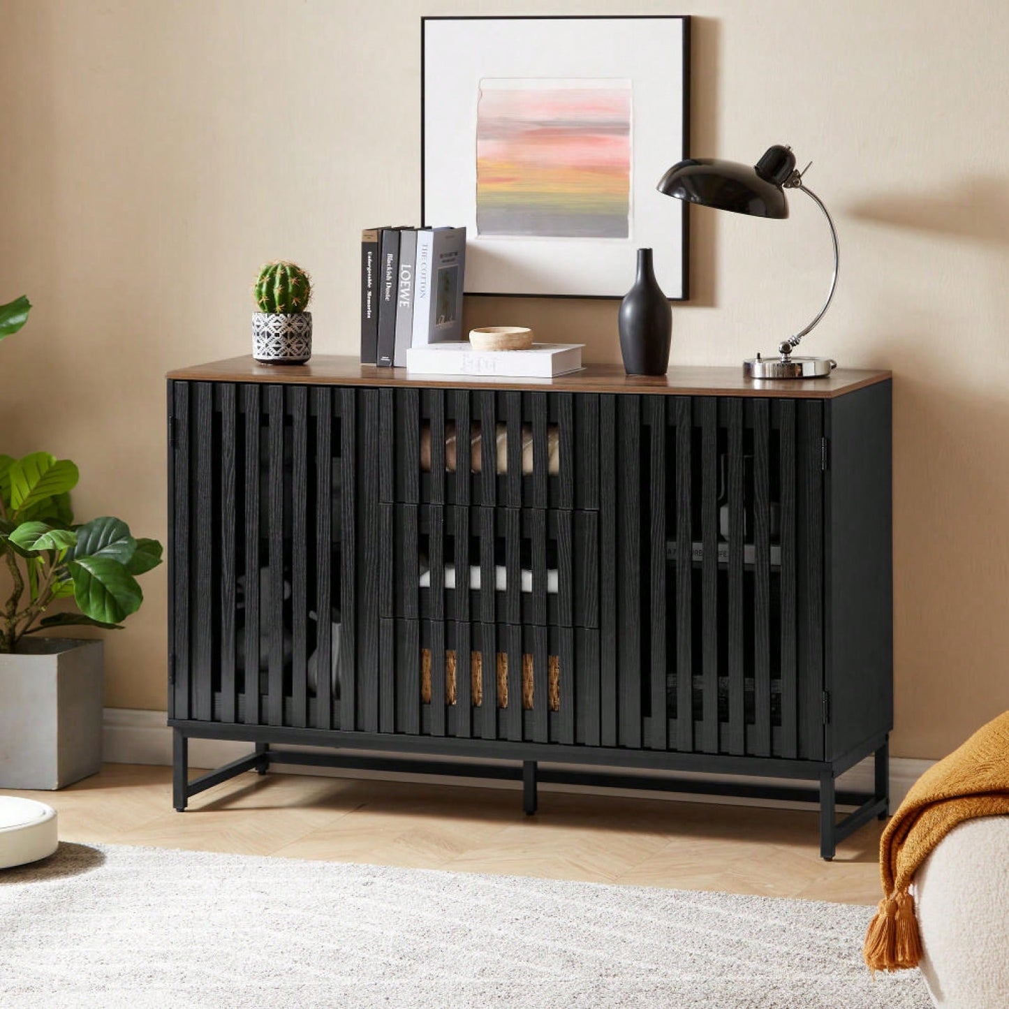 Modern 3 Drawer 4 Shelf Dresser with Slatted Doors Stylish MDF Storage Cabinet for Bedroom Living Room Office