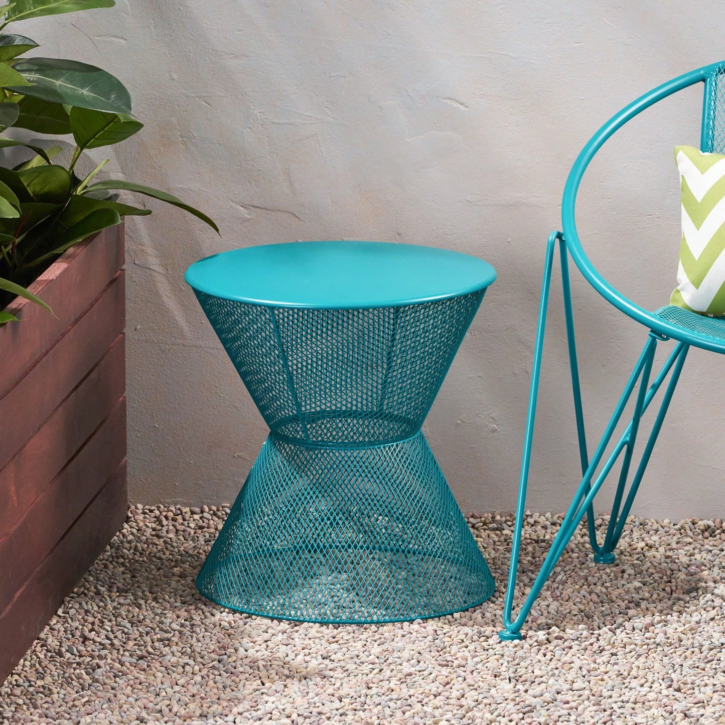 Modern Outdoor Hourglass Mesh Side Table with Iron Frame for Patio Garden Poolside Drinks and Snacks