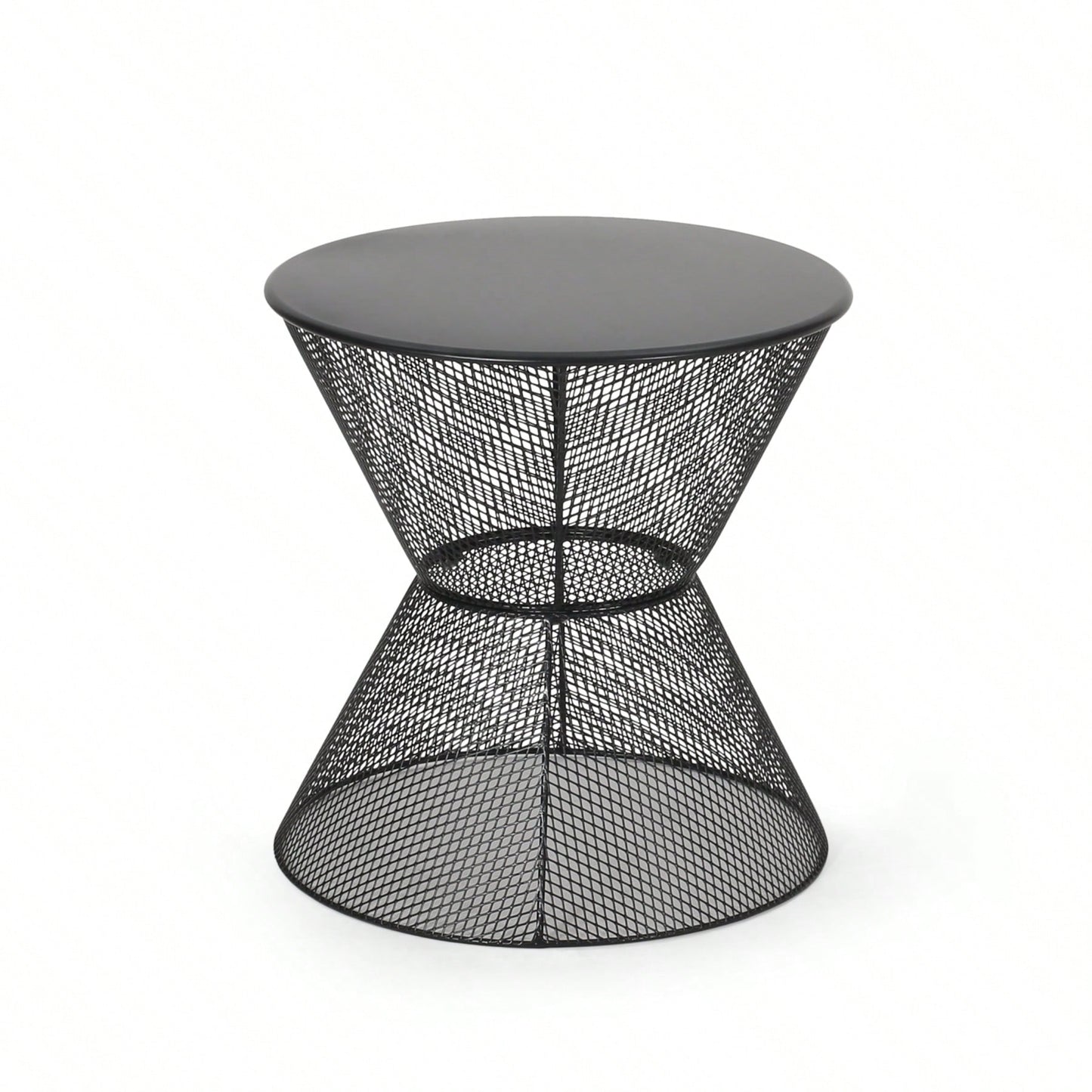 Modern Outdoor Hourglass Mesh Side Table with Iron Frame for Patio Garden Poolside Drinks and Snacks