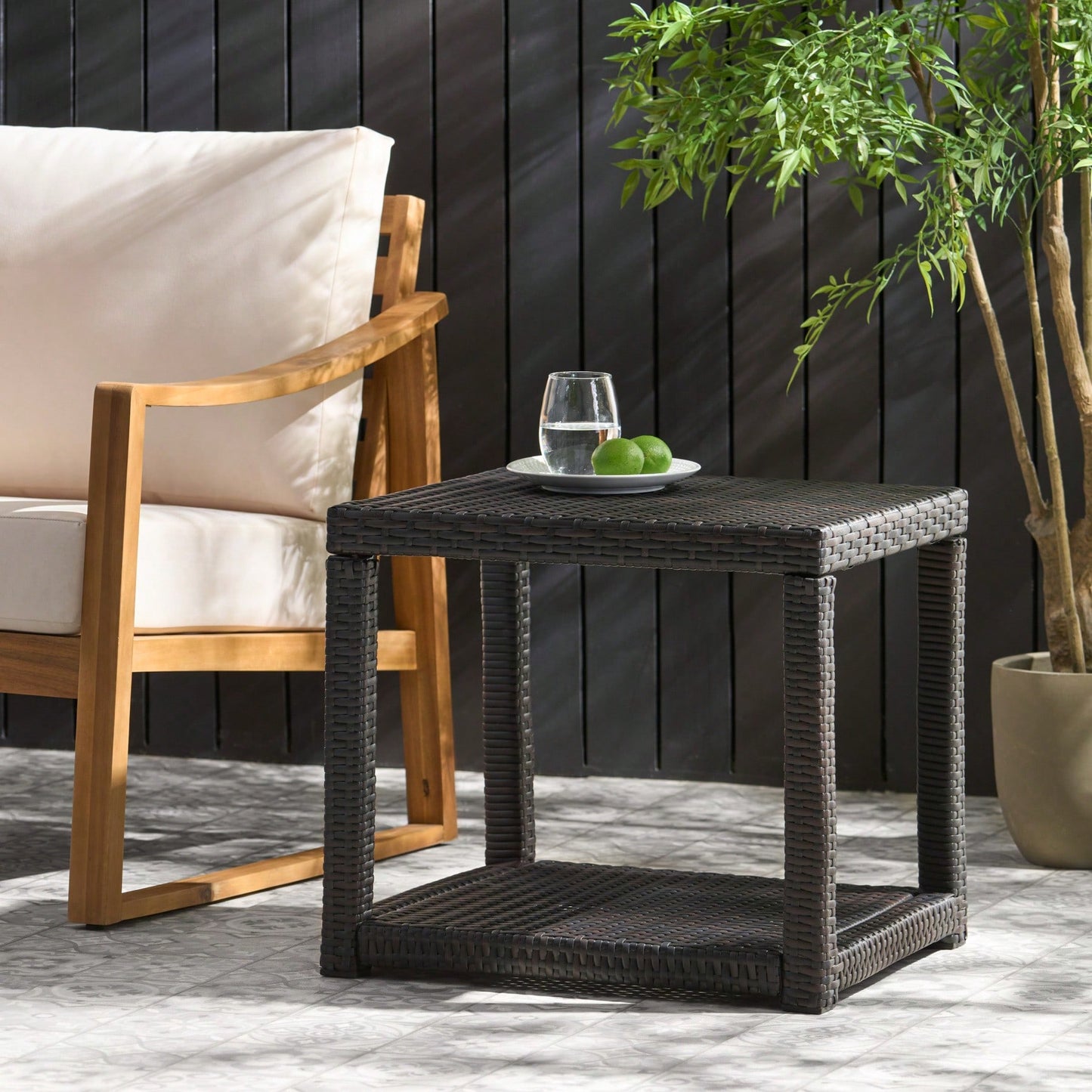 Weather-Resistant Outdoor Accent Table with Storage for Garden Balcony Deck - Multibrown Wicker 21.5x17.75x19.25 Inches