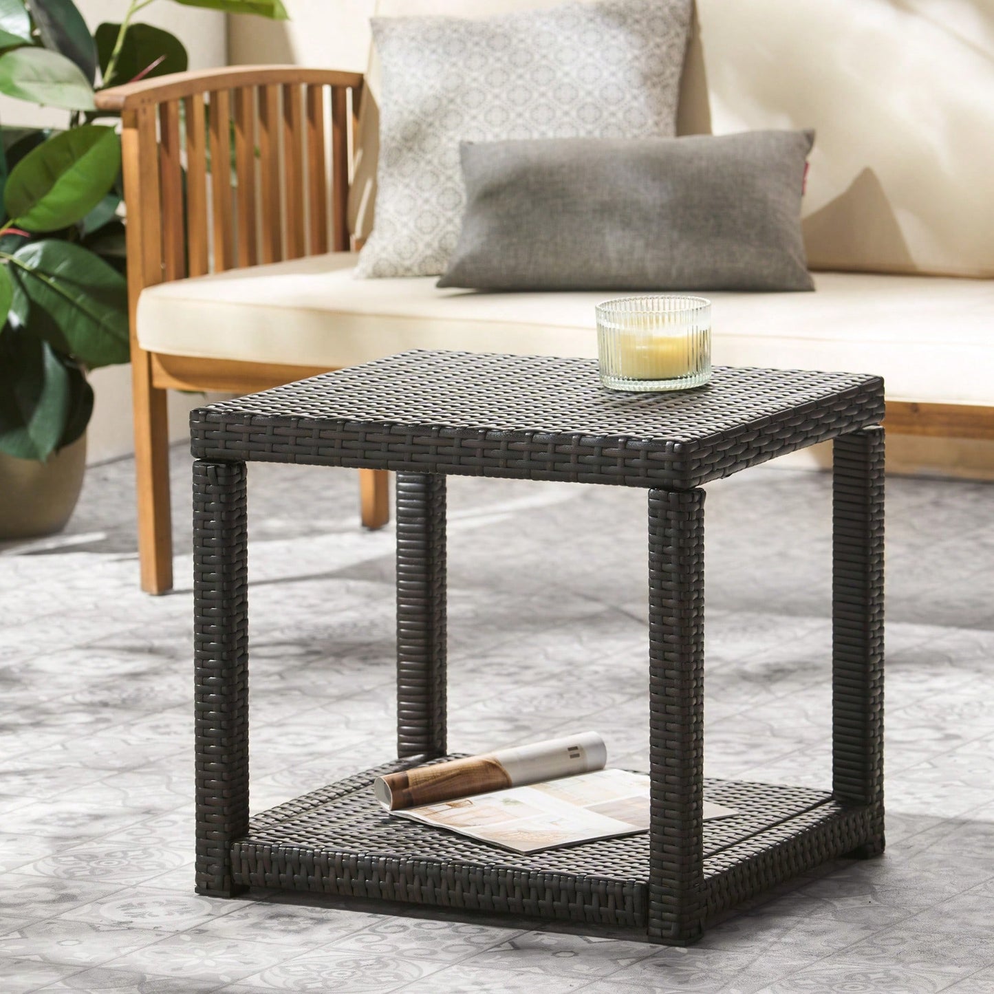 Weather-Resistant Outdoor Accent Table with Storage for Garden Balcony Deck - Multibrown Wicker 21.5x17.75x19.25 Inches