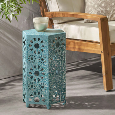 Teal Modern Floral Accent Table 12 Inch Round Metal Frame No Assembly Indoor Outdoor End Table for Living Room Bedroom Balcony