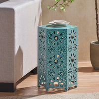 Teal Modern Floral Accent Table 12 Inch Round Metal Frame No Assembly Indoor Outdoor End Table for Living Room Bedroom Balcony