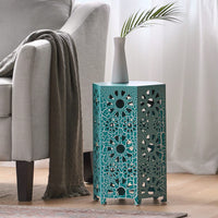 Teal Modern Floral Accent Table 12 Inch Round Metal Frame No Assembly Indoor Outdoor End Table for Living Room Bedroom Balcony