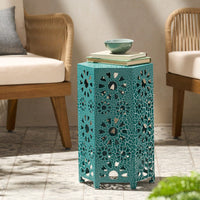 Teal Modern Floral Accent Table 12 Inch Round Metal Frame No Assembly Indoor Outdoor End Table for Living Room Bedroom Balcony