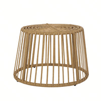 Boho Wicker Outdoor Side Table with Cage Frame Weather-Resistant PE Rattan Small Accent Table for Drinks and Plants