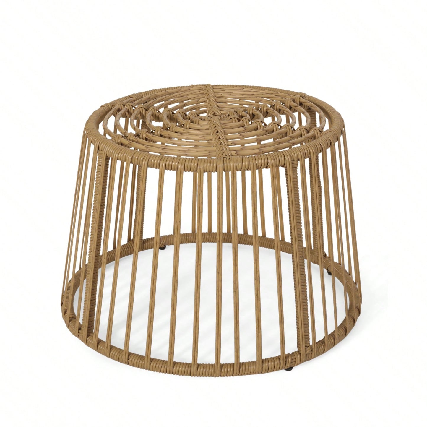 Boho Wicker Outdoor Side Table with Cage Frame Weather-Resistant PE Rattan Small Accent Table for Drinks and Plants