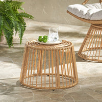 Boho Wicker Outdoor Side Table with Cage Frame Weather-Resistant PE Rattan Small Accent Table for Drinks and Plants