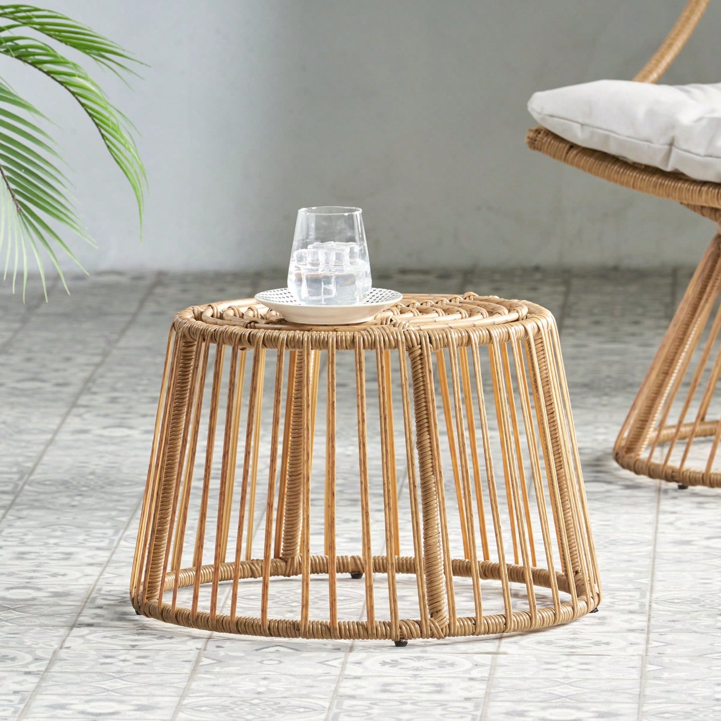 Boho Wicker Outdoor Side Table with Cage Frame Weather-Resistant PE Rattan Small Accent Table for Drinks and Plants