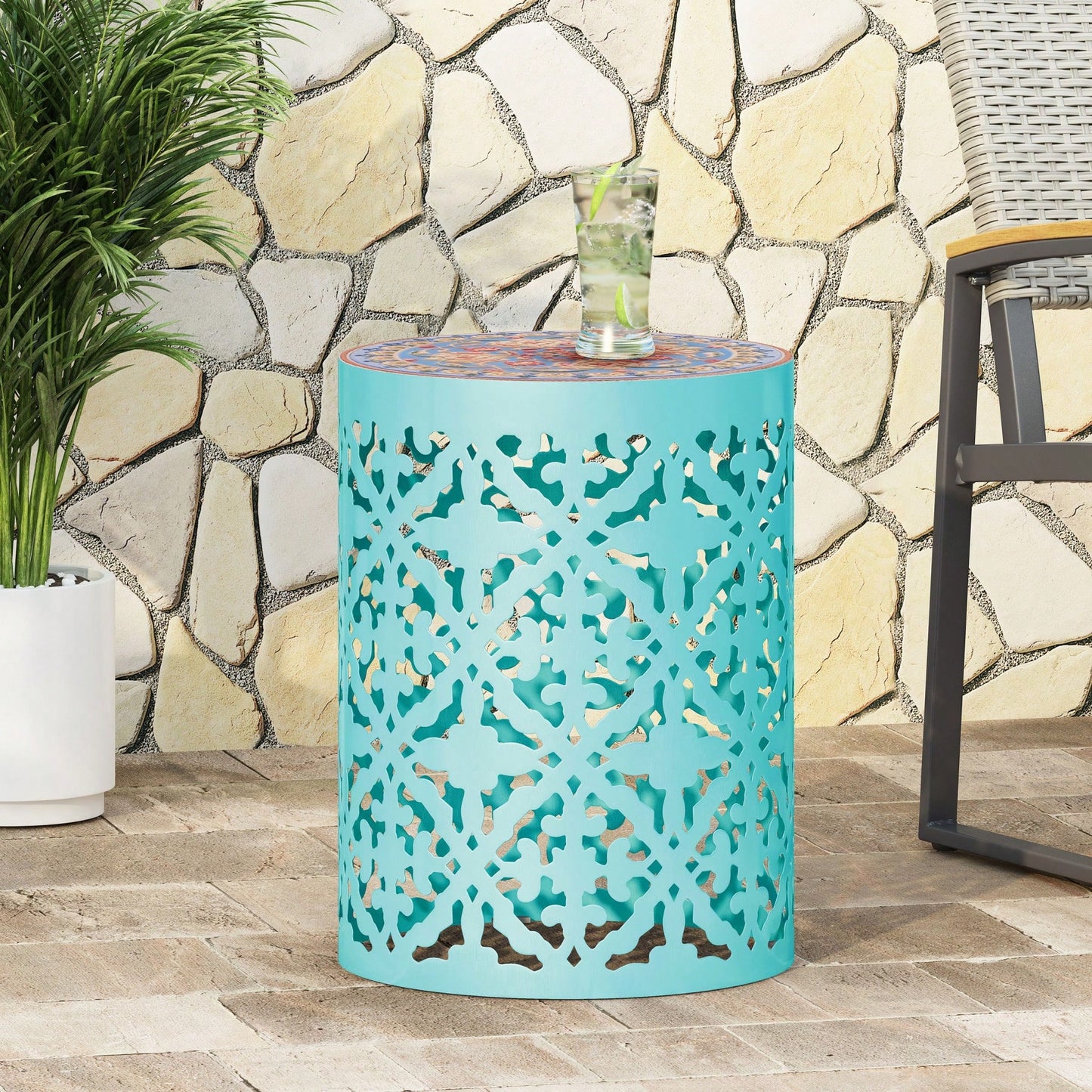 Mosaic Top Outdoor Side Table 18.25 Inch Tall Weather-Resistant Metal Frame for Garden Balcony Deck Decor