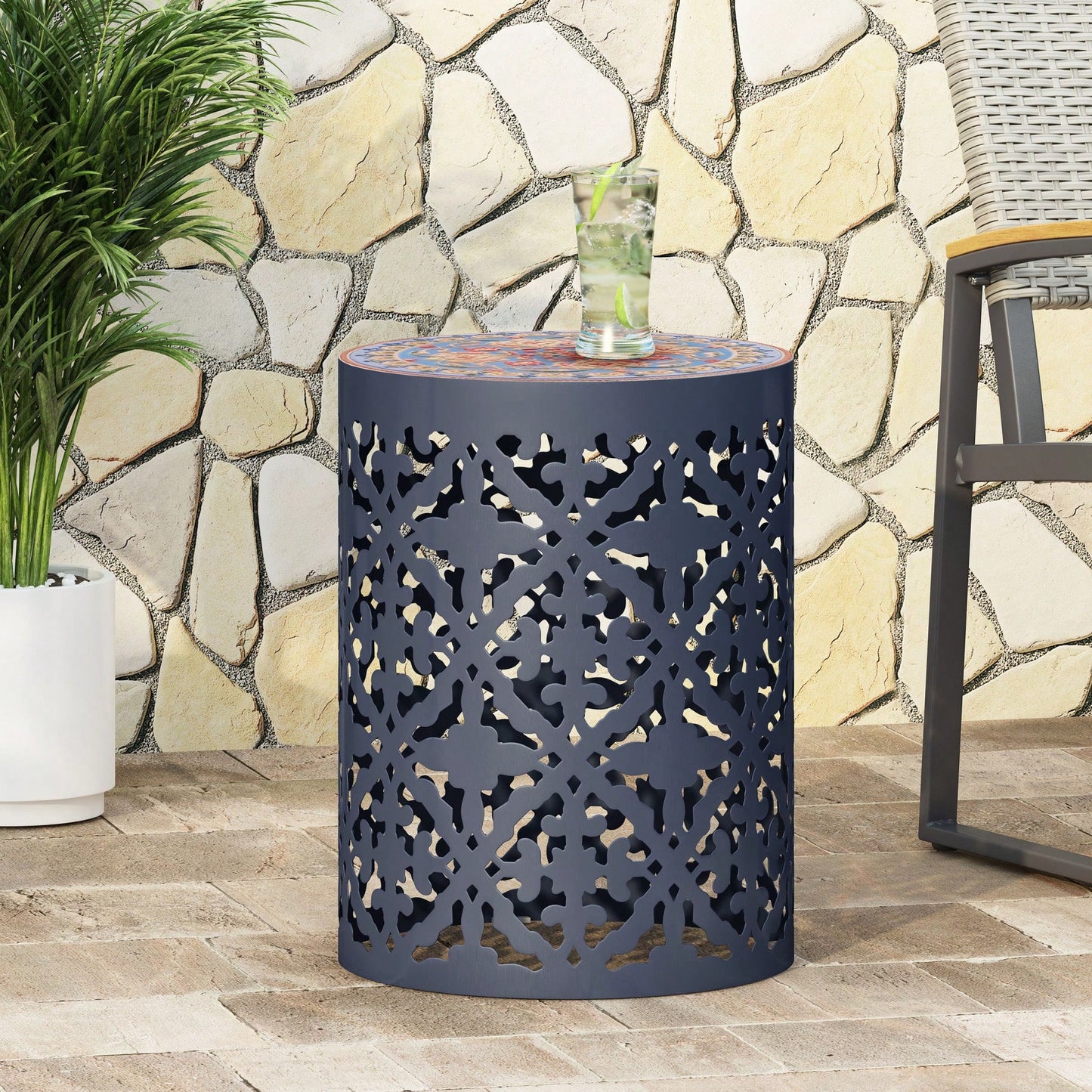 Mosaic Top Outdoor Side Table 18.25 Inch Tall Weather-Resistant Metal Frame for Garden Balcony Deck Decor