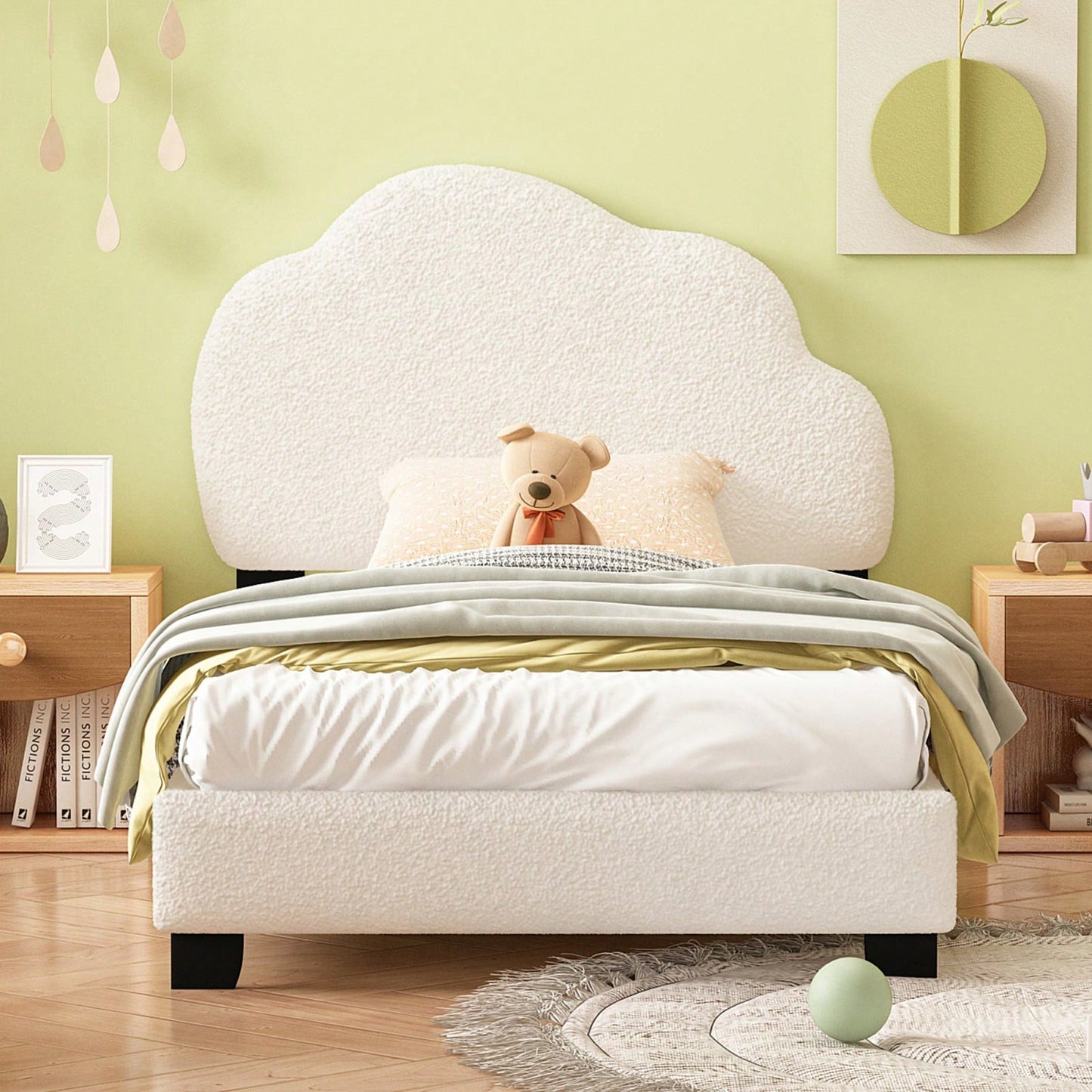 Twin Size Upholstered Boucle Fabric Platform Bed With Cloud-Shaped Headboard