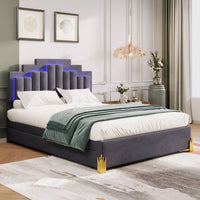 Queen Size Upholstered Platform Bed With LED Lights And 4 Drawers, Stylish Irregular Metal Bed Legs Design