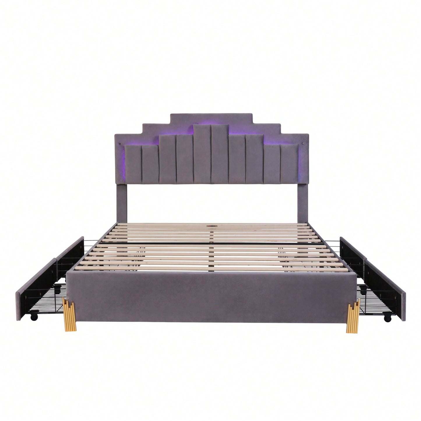 Queen Size Upholstered Platform Bed With LED Lights And 4 Drawers, Stylish Irregular Metal Bed Legs Design