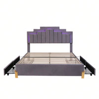 Queen Size Upholstered Platform Bed With LED Lights And 4 Drawers, Stylish Irregular Metal Bed Legs Design