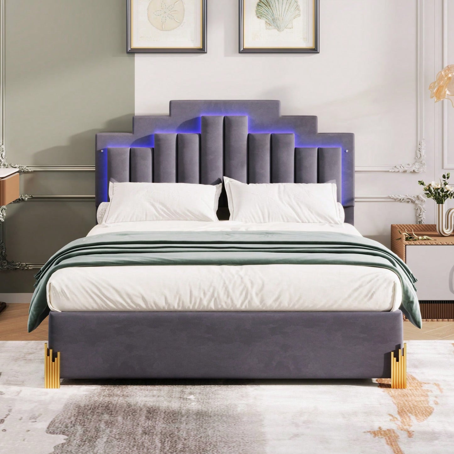 Queen Size Upholstered Platform Bed With LED Lights And 4 Drawers, Stylish Irregular Metal Bed Legs Design