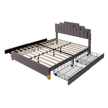 Queen Size Upholstered Platform Bed With LED Lights And 4 Drawers, Stylish Irregular Metal Bed Legs Design