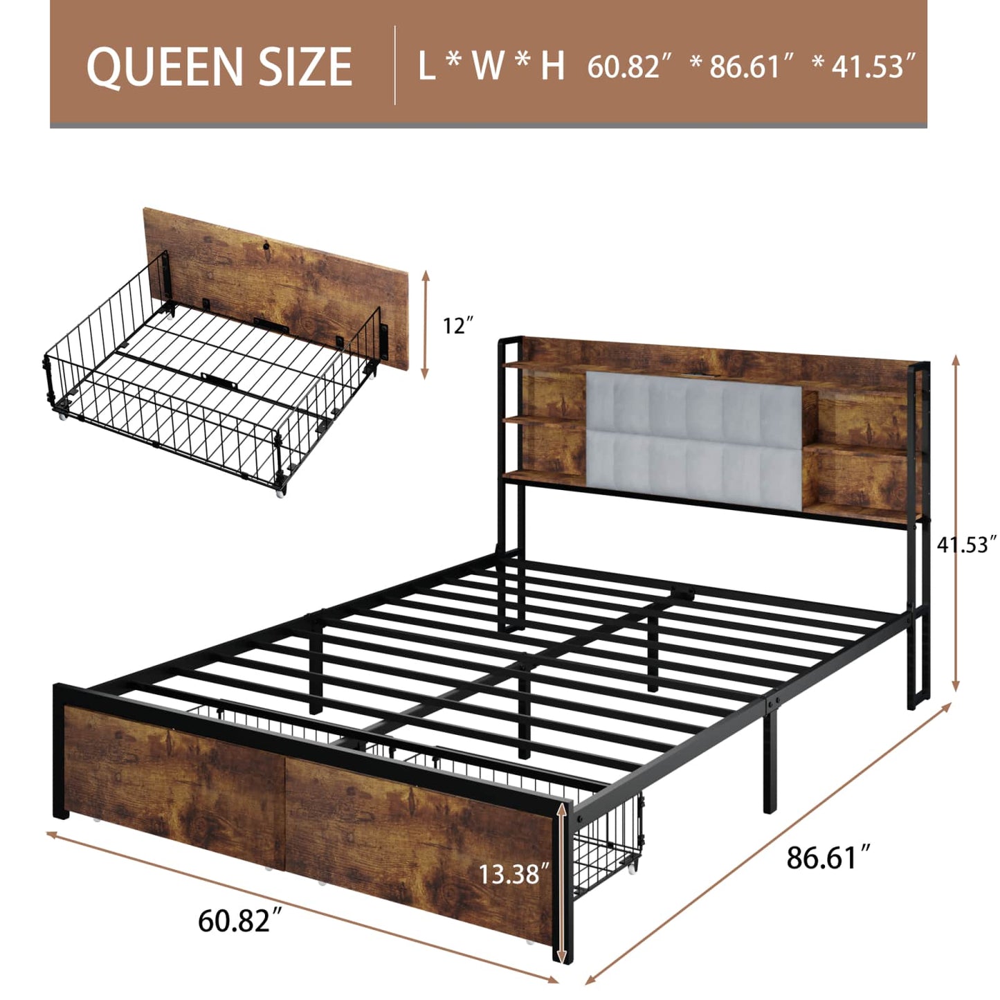 Queen Size Bed Frame With Storage And LED Lights