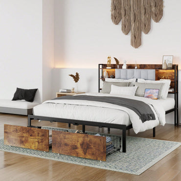 Queen Size Bed Frame With Storage And LED Lights