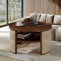 2-Tiered Round Wood Coffee Table With Storage Rattan Base