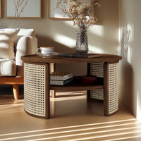 2-Tiered Round Wood Coffee Table With Storage Rattan Base