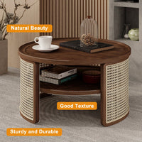 2-Tiered Round Wood Coffee Table With Storage Rattan Base