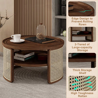 2-Tiered Round Wood Coffee Table With Storage Rattan Base