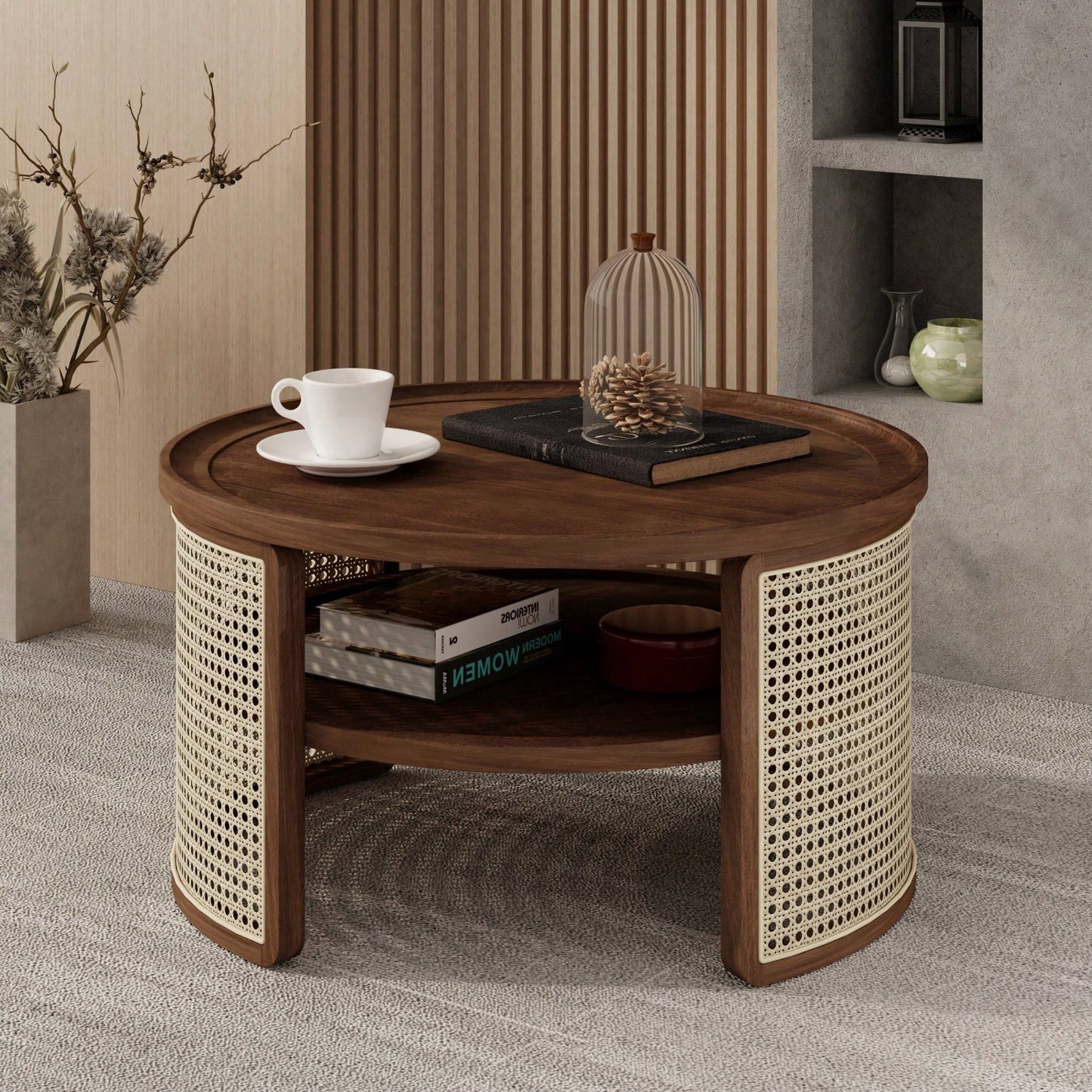 2-Tiered Round Wood Coffee Table With Storage Rattan Base