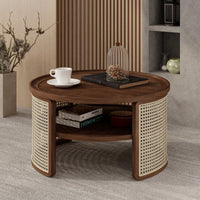 2-Tiered Round Wood Coffee Table With Storage Rattan Base