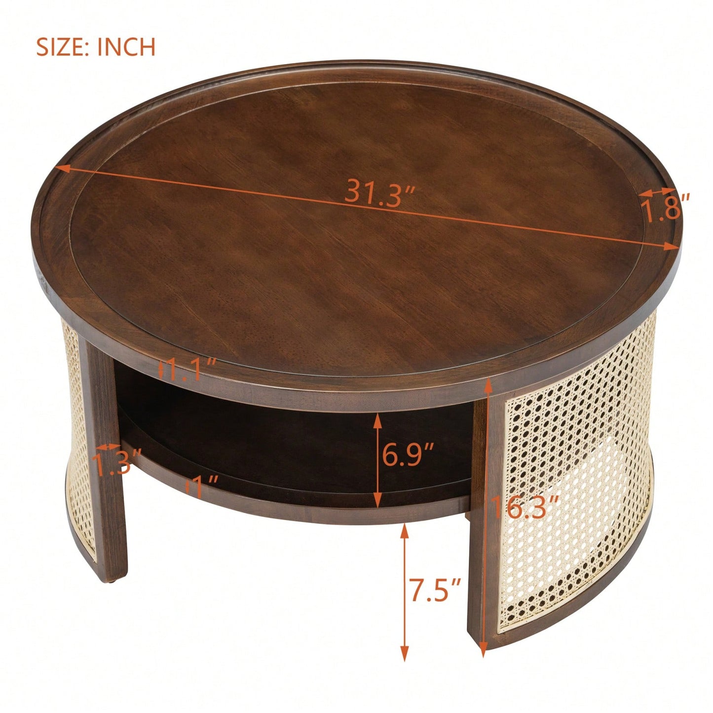 2-Tiered Round Wood Coffee Table With Storage Rattan Base