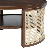 2-Tiered Round Wood Coffee Table With Storage Rattan Base