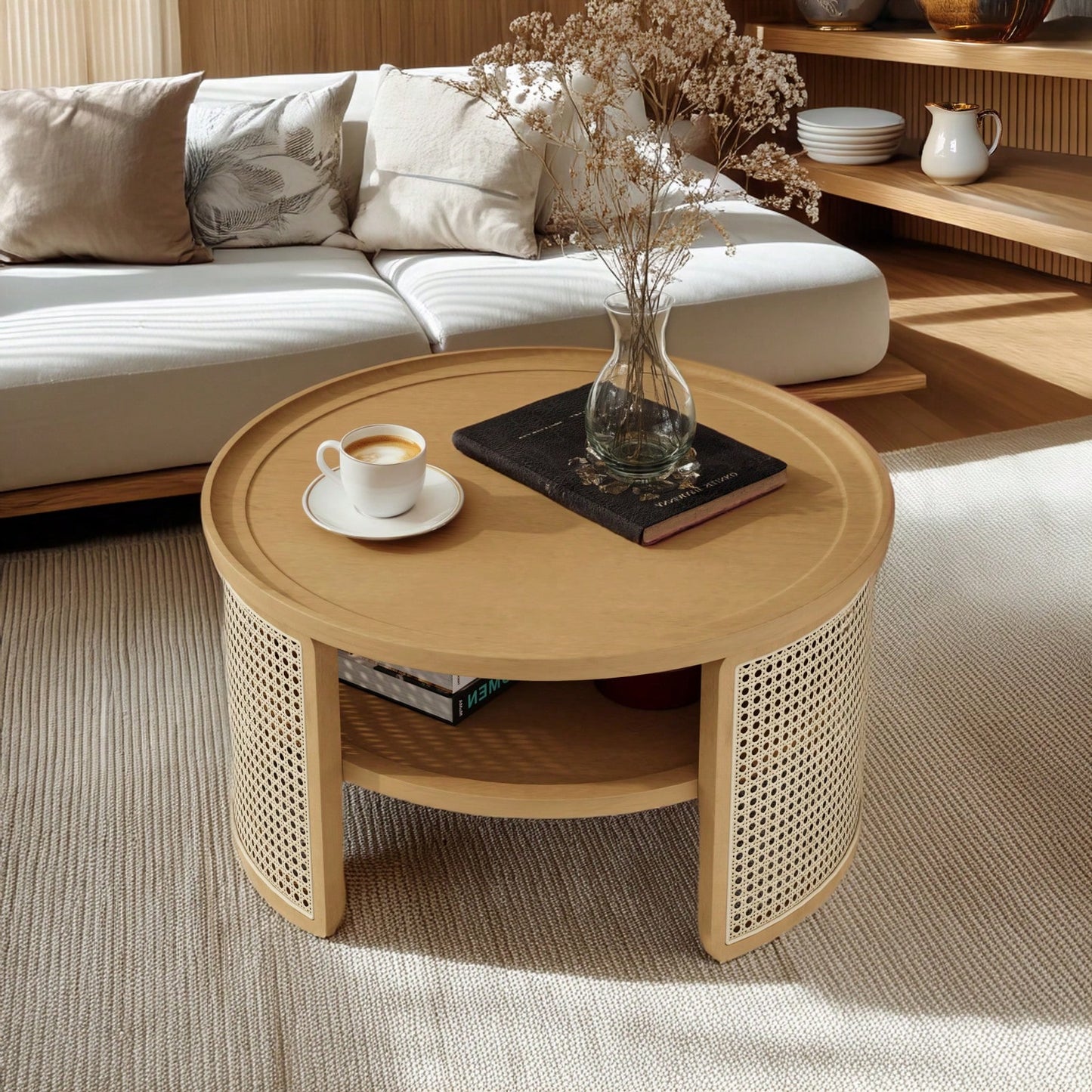 2-Tiered Round Wood Coffee Table With Storage Rattan Base