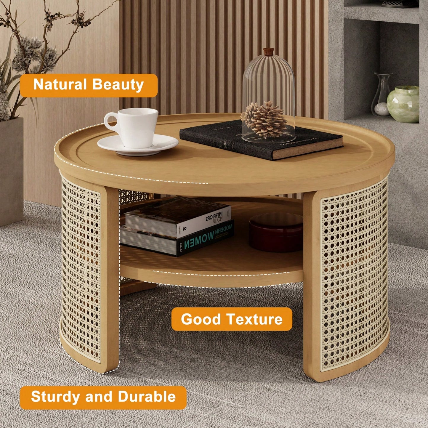 2-Tiered Round Wood Coffee Table With Storage Rattan Base